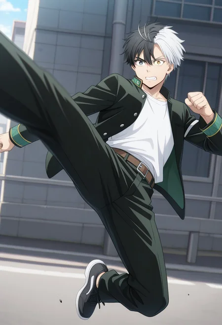 masterpiece,best quality,amazing quality, source_anime,
sakuharuka, 1boy, male focus, solo, heterocromia, grey eyes, yellow eyes, split-color hair, black hair, white hair, school uniform, jacket, black jacket, open jacket, shirt, white shirt, belt, pants, black pants, shoes, sneakers, black footwear, outdoor, teeth, kicking,