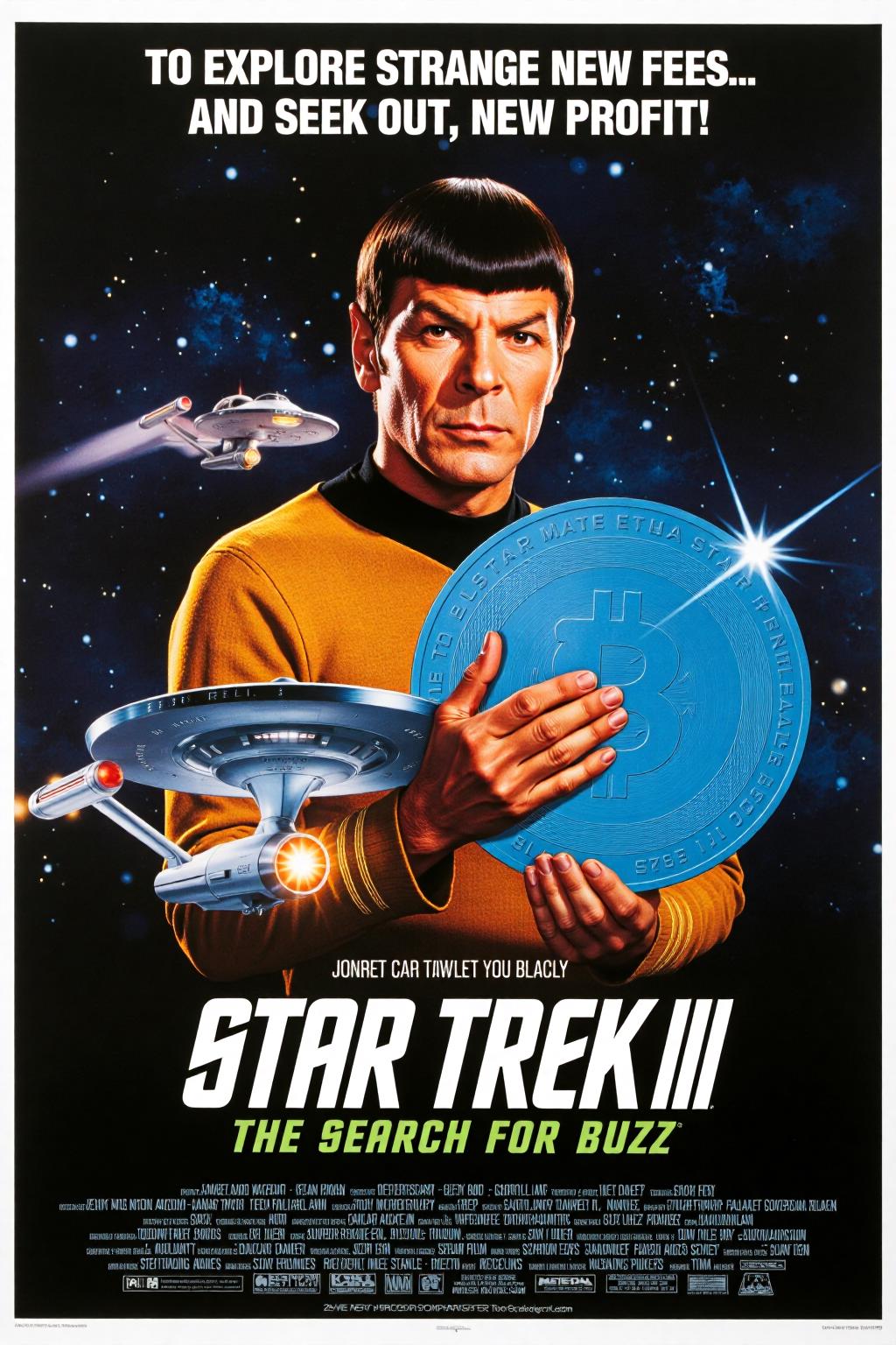 Vintage Movie poster for "Star Trek III: The Search for Buzz". In the foreground, a starship resembling the iconic Enterprise soars through space, but with humorous alterations, like dollar signs engraved on its hull and oversized gold exhaust pipes trailing exaggeratedly shimmering sparkles.
The background is dominated by an amusingly exaggerated portrait of Spock, his famously serious expression contrasted by the absurdity of him clutching a giant blue coin as if it's a sacred artifact. His raised eyebrow heightens the comedic effect, emphasizing the irony of the situation. The coin gleams with absurd importance, larger than his head, reflecting starry highlights to suggest it's some intergalactic treasure.
Above the title, in bold, futuristic font, the tagline reads: "To Explore Strange New Fees... And Seek Out New Profit!"
The overall tone is light and satirical, with bright, exaggerated colors and playful details mocking the seriousness of traditional sci-fi posters. <lora:Movie_Posters:0.8> <lora:schnell_v1.0:1.0><lora:787476709202116627:0>