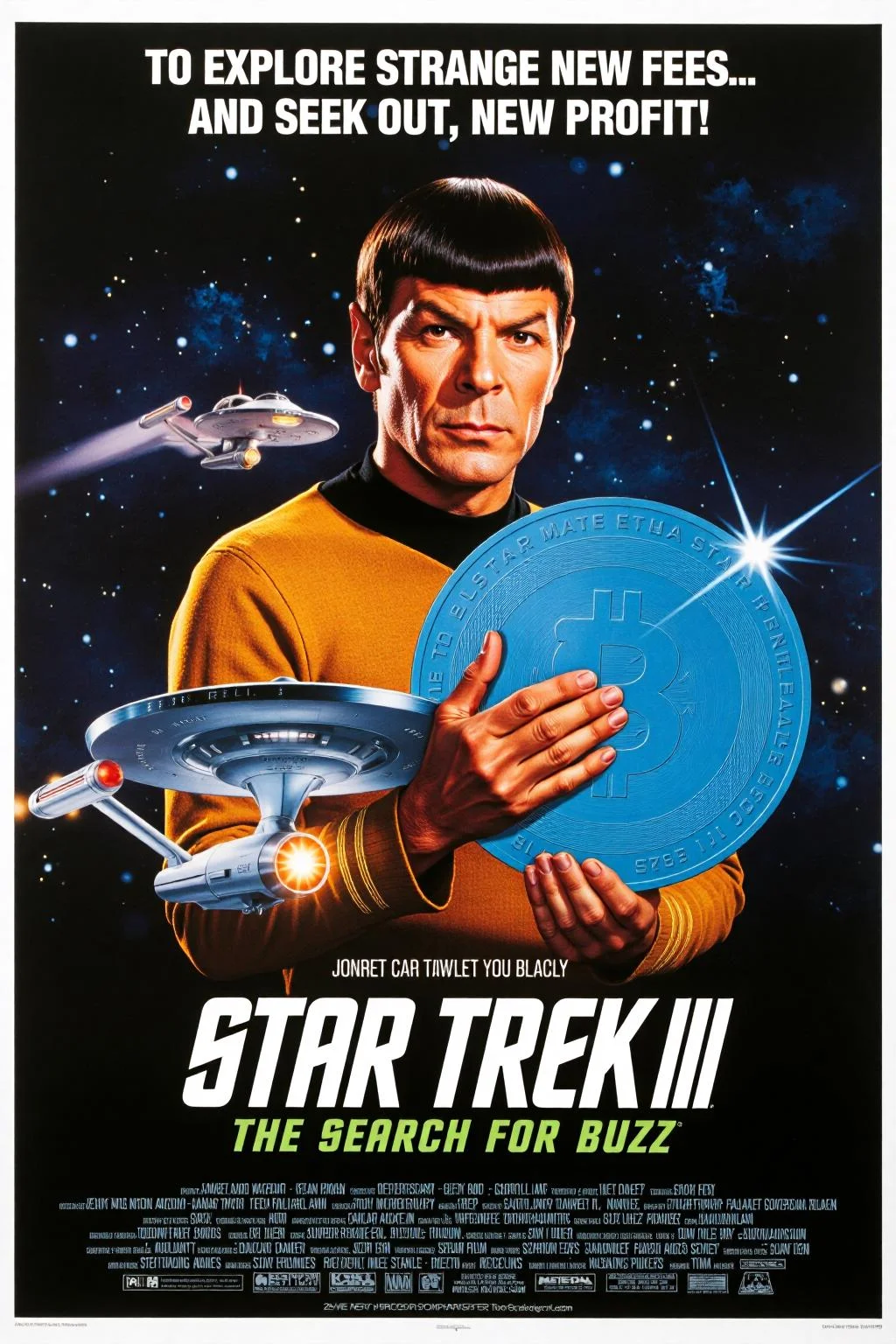 Vintage Movie poster for "Star Trek III: The Search for Buzz". In the foreground, a starship resembling the iconic Enterprise soars through space, but with humorous alterations, like dollar signs engraved on its hull and oversized gold exhaust pipes trailing exaggeratedly shimmering sparkles.
The background is dominated by an amusingly exaggerated portrait of Spock, his famously serious expression contrasted by the absurdity of him clutching a giant blue coin as if it's a sacred artifact. His raised eyebrow heightens the comedic effect, emphasizing the irony of the situation. The coin gleams with absurd importance, larger than his head, reflecting starry highlights to suggest it's some intergalactic treasure.
Above the title, in bold, futuristic font, the tagline reads: "To Explore Strange New Fees... And Seek Out New Profit!"
The overall tone is light and satirical, with bright, exaggerated colors and playful details mocking the seriousness of traditional sci-fi posters. <lora:Movie_Posters:0.8> <lora:schnell_v1.0:1.0><lora:787476709202116627:0>
