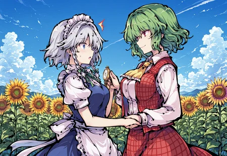 safe_pos, safe_pos, source_anime, high res image, masterpiece, perfect quality, best quality, newest, absurdres, highres, scenic, ultra detailed face, detailed eyes, accurate anatomy,
tokiame, ink,
sdxl_lightning_4step_lora_rank1,
HDR,
outdoor, blue sky, sunflower field, daytime, upper body, side view,
2girl, multiple girls, multiple different girls, 2 different girls,
female left side (kazami yuuka, (holding a purple flower:2.0). one hand touching another girl's hand, smile),
female right side (izayoi sakuya, blue eyes, twin braids, medium breasts, maid headdress, apron, puffy sleeves, one hand holding a pocket watch and handing it to another girl, shocked)