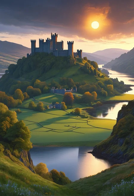 A captivating night scene illustration featuring a beautiful castle on a large  hill overlooking a lake in Wales.   The castle is ancient but well maintained and updated and comfortable to live in.  This enchanting artwork captures a serene and peaceful early morning, where the sun is just starting to rise over the beautiful hills and castle which   stands resolute amidst hills of Wales, creating a cinematic experience., illustration, cinematic
<lora:DonM3t3rn1tyXL-v1.1:0.7>, DonM3t3rn1tyXL,
OverallDetailXL  <lora:MJ52:0.3>  <lora:SDXLFaeTastic2400:0.4>  <lora:EpicF4nta5yXL:0.7>