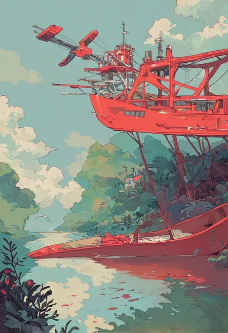 score_9, score_8_up, score_7_up, vibrant digital artwork, anime-inspired, red tugboat, "Coral", turquoise ocean, rugged functional design, white superstructure, antennas, navigation equipment, black "Coral" lettering, large crane, boat deck with machinery, clear blue sky, fluffy white clouds, lush green coastline, rocky outcrops, dense foliage, hilly island, sparse vegetation, seagulls mid-flight, dynamic elements, rich teal water, reflective sky, red boat paint, waves with white foam, boat's wake, calm peaceful atmosphere, vivid colors, smooth fluid lines, digital art style. FRESHIDESH Moebius comic book