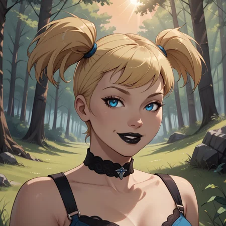 score_9, score_8, BREAK, Harleybtas,1girl,solo,twintails,short hair,blonde hair,blue eyes,choker,black lips,medium breasts, sexy pose, self portrait, smile, outdoors, sunlight, shadows, evening lighting, natural lighting, forest, trees, grass, orange sky, sunset