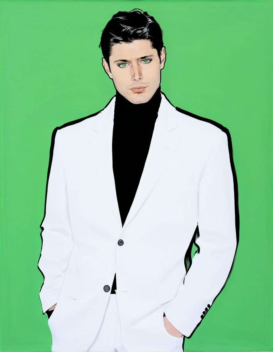 japanese line painting of de4n man, male, slutty, <lora:RG2:1.2>in the style of rene gruau, vogue, illustration, style, minimalistic>, dynamic pose, black turtleneck, white jacket,  looking down at viewer <lora:de4n-niji-00-000008:1>, turning around, dreamy green eyes, white background