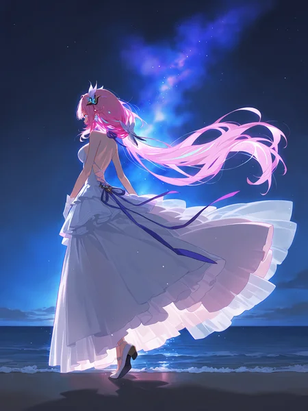 <lora:nai_ILL:0.8>,
<lora:Glowing_Spot_Color_-_Illustrious:0.6>, glowing eyes, streaked hair, glowing inner hair, glowing streaks,
wide shot,full body,1girl,{{{{{elysia \(honkai impact\), }}}}},long hair,breasts,
full body,
hair ornament,bare shoulders,{backless dress},ribbon},earrings,wedding dress,
night,
ocean,nebula
,depth_of_field,
,masterpiece,best quality,