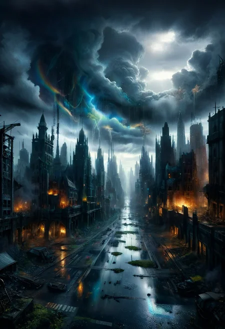 dark, low-key, hvrn, heavy rain,
A detailed dramatic illustration of a dark fantasy city, with grey color dark magic splash, rainbow in the sky, rainbow over a dark fantasy city, heavy rain, dark gothic, 3D Vector Art, fantasy art, watercolor effect, bokeh, Adobe Illustrator, hand-drawn, digital art, isometric style, retro aesthetic, focused on the character, 4K resolution, photorealistic rendering, using cinema 4D, view from above, 
Wide range of colors., Dramatic,Dynamic,Cinematic,Sharp details
Insane quality. Insane resolution. Insane details. Masterpiece. 32k resolution.
dvr-lnds-sdxl, ral-apoctvisn, zavy-rmlght,