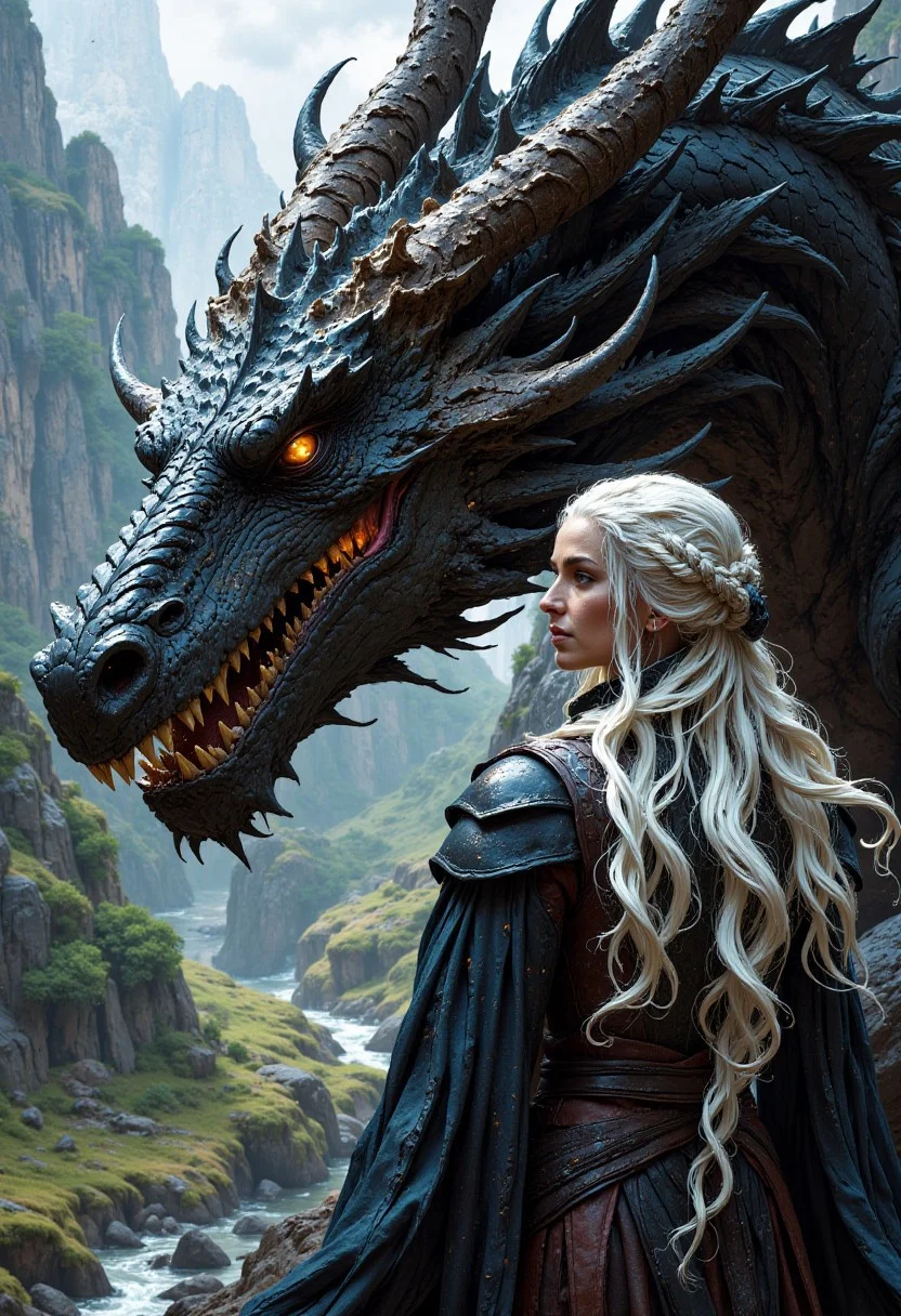 FluxEpicDragon, In a strikingly detailed, Daenerys Targaryen and her dragon come to life in vivid realism. The Mother of Dragons radiates power and beauty, her silver hair flowing gracefully as she commands her majestic, scaled companion. This awe-inspiring scene, likely a masterfully crafted painting, captures every minute detail of Daenerys and her dragon, from the glint of their scales to the intensity of their gaze. The image is truly ultra-realistic, immersing viewers in the fantasy world of Westeros with unprecedented clarity and depth.