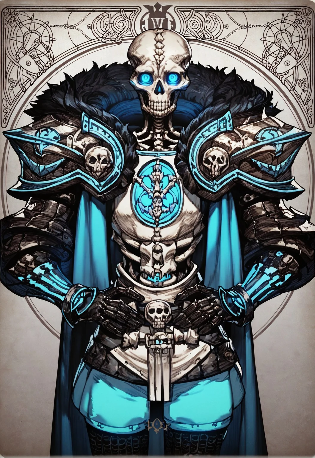 (score_9, score_8_up, score_7_up), score_6_up, front view, score_5_up, (vocidcharcard, ornate border), (skeleton), bones, skull, armor, blue glowing eyes, armor adorned with bones, (symmetry), hands on hips