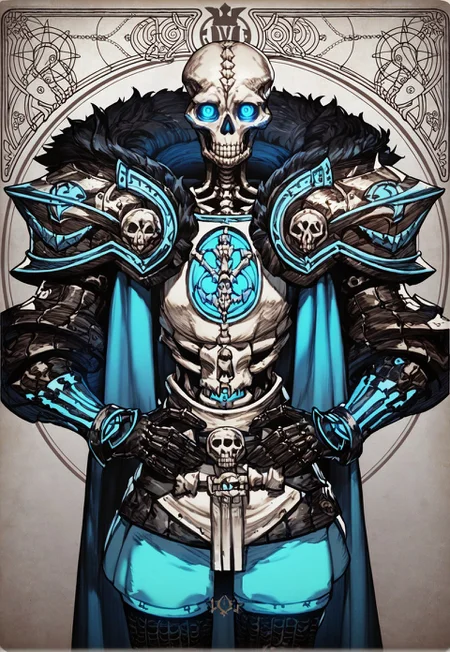 (score_9, score_8_up, score_7_up), score_6_up, front view, score_5_up, (vocidcharcard, ornate border), (skeleton), bones, skull, armor, blue glowing eyes, armor adorned with bones, (symmetry), hands on hips