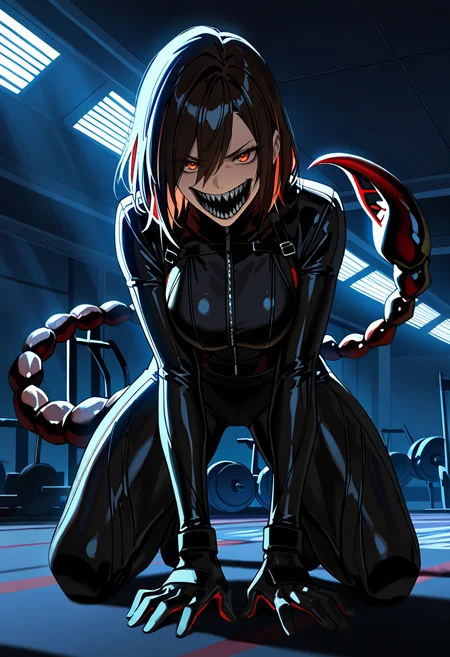 (masterpiece:1.35), (very aesthetic, best quality:1.3), Anime, newest, anime screenshot, Sunrays shine upon it, , Dauntless Survivor, solo, green puff and slash sleeves, hand mouth, Scorpion tail, dynamic pose, gym, highly detailed, absurdres,, (low light:0.8), dim lighting, chiaroscuro, dark lighting.