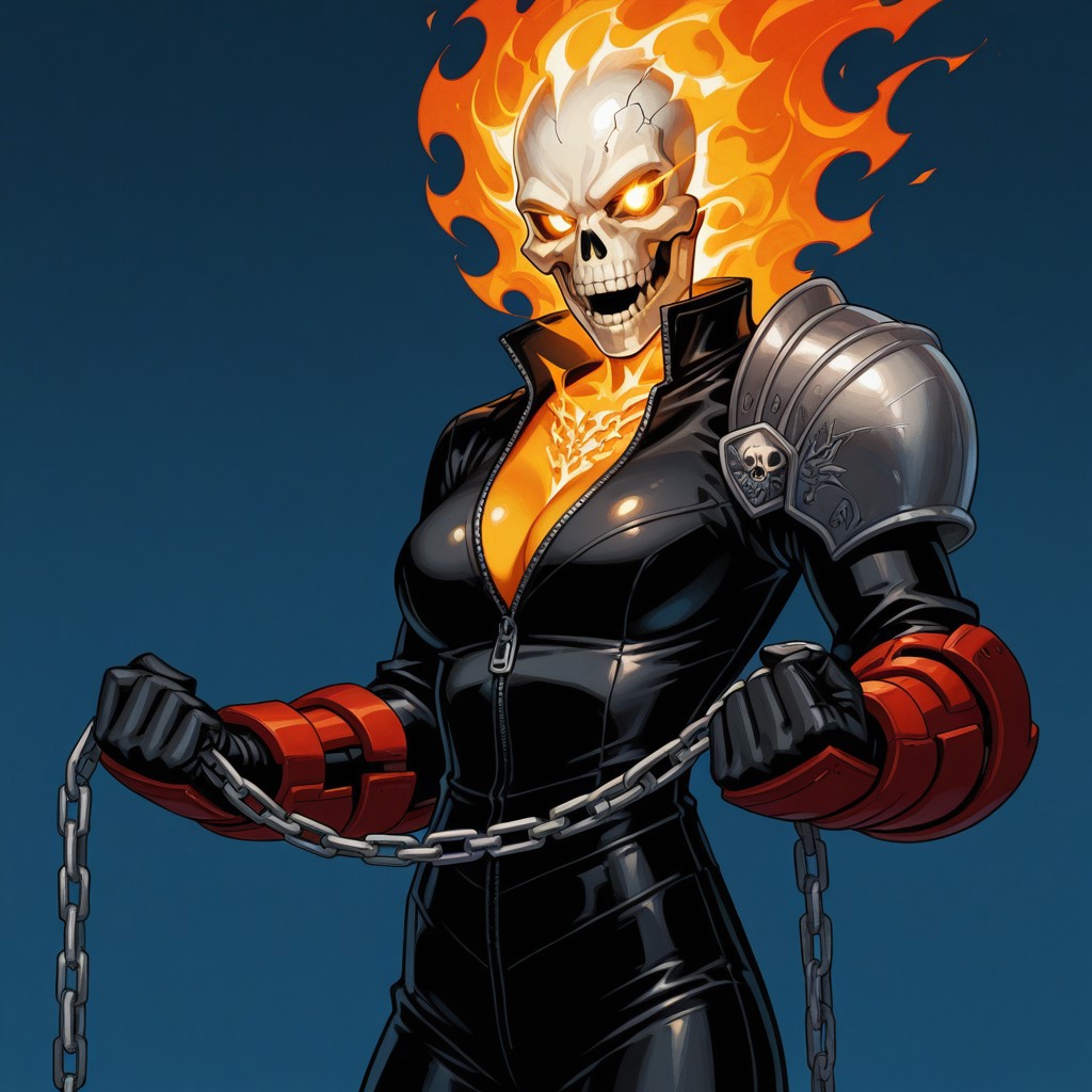 Blue background, simple background, solid color background, 2d, 1girl, solo, GhostRider, AlejandraJones, skull head, skeleton, glowing eyes, no human, flaming head, flaming hair, hair of fire, black bodysuit, red bracers, shoulder armor, unzipped, Upper body, front view, looking at viewer, Cleavage,  holding chains, chains, flaming chains, open mouth, chains in hands,