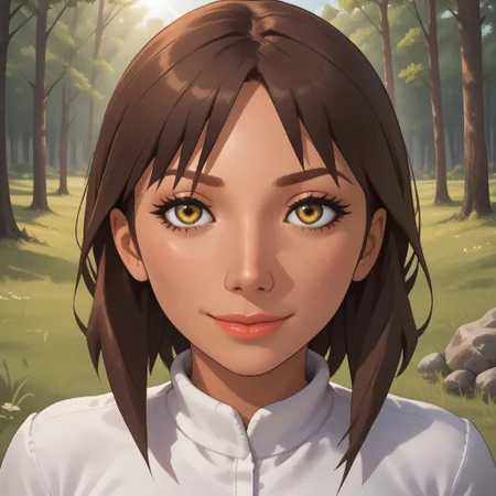 score_9, score_8, BREAK, solo, wii, mii, wii music, female mii, 1girl, brown hair, brown eyebrows, dark yellow eyes, lips, dark skin, white clothing, white pants, shoes, nintendo mii, modern_mii, classic_mii, breasts, Donna_(Wii_Music), sexy pose, smile, outdoors, sunlight, shadows, evening lighting, natural lighting, forest, trees, grass, orange sky, sunset