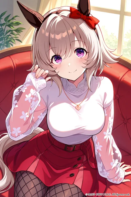 masterpiece,best quality,very aesthetic,absurdres,highres,newest,official art,official style,
1girl,solo,
crc casual, curren chan (umamusume),
animal ears, belt, black pantyhose, blush, bow, ear bow, ear covers,
fishnet pantyhose, fishnets, grey hair, hair between eyes, horse ears, horse girl,
pantyhose, purple eyes, red belt, red bow, red skirt, short hair, skirt,
sweater, white sweater, bangs, black hairband, eyebrows visible through hair,
hairband, highres, horse tail, long sleeves, see-through, see-through sleeves,
shirt, tail, violet eyes, sleeves past wrists, black legwear,
eyebrows behind hair, hair ribbon, headband, ribbon, silver hair,
jewelry, necklace, heart necklace,
eye_focus,<lora:eye_focus:1>,
<lora:umamusume_curren_chan_ill_v1.0:1>,