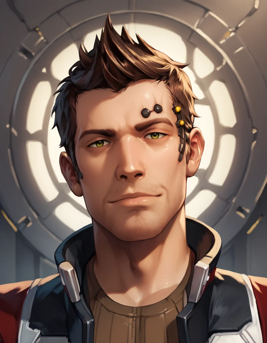 score_9, score_8_up, score_7_up, score_6_up, score_5_up, male focus, <lora:SWTOR_-_Theron_Shan_-_Pony_4:0.8>, theronshan, 1boy, fauxhawk, brown hair, olive eyes, (cybernetic:1.2), red jacket, brown shirt, portrait, spacecraft, looking at viewer, head tilt, naughty face, realistic