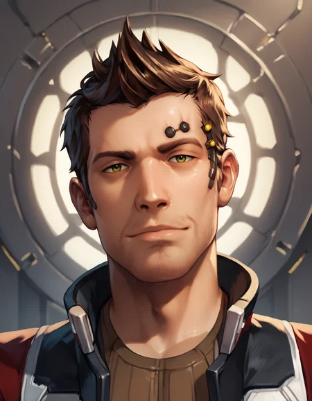 score_9, score_8_up, score_7_up, score_6_up, score_5_up, male focus, <lora:SWTOR_-_Theron_Shan_-_Pony_4:0.8>, theronshan, 1boy, fauxhawk, brown hair, olive eyes, (cybernetic:1.2), red jacket, brown shirt, portrait, spacecraft, looking at viewer, head tilt, naughty face, realistic