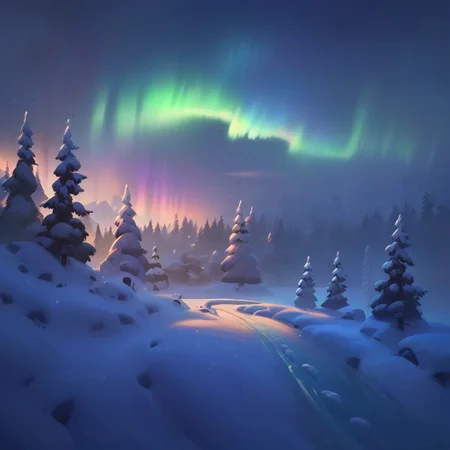 score_9,score_8_up,score_7_up,
wide shot, snowy_landscapes,
lone ronin walking through the snow,
snow, frozen lake reflecting green and purple northern lights, glowing aurora streaks across the starry sky, silhouetted pine trees, quiet and serene