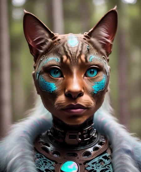 coulchat, raw candid cinema photography portrait, a woman cat, (photo in Haunted forest:1.2) Nubian Blue Opal glass Art Hoe golem brown, by Hayashida Q, ultra realistic textured skin, skin pores, hard focus, film grain, photographed with a Sony a7 III Mirrorless Camera, by photographer (beige:1.2) <lora:epiNoiseoffset_v2:0.7> <lora:lora_coulchatV3:1>