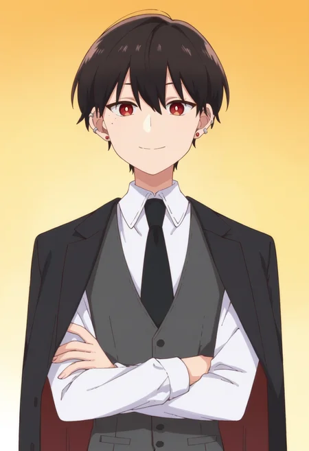 score_9,score_8_up,score_7_up,score_6_up,score_5_up,score_4_up,anime coloring,source_anime,<lora:Suou_How_I_Attended_an_All-Guys_Mixer_Pony:0.8>,suou,1girl,solo,red eyes,black hair,short hair,earrings,ear piercing,mole under eye,dress shirt,black necktie,grey vest,jacket on shoulders,smile,multicolored background,portrait,upper body,looking at viewer,
