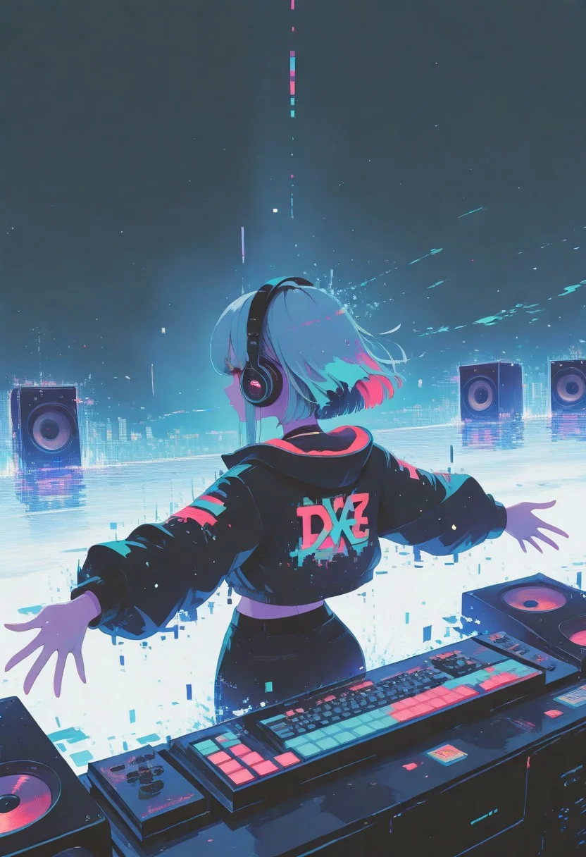 1girl, solo, headphone, jacket, avicii, high tension, music, nocopyrightsounds, dj, speaker, edm, dtm, keyboard,open arms, hands on keyboard, arched back, from above, from behind, dynamic wind,, (beautiful original illustration, dissolve, zentangle), blurry foreground, dynamic angle, (storm,glitch:1.2), looking at viewer,(pixel art, glitch noise, double exposure:1.4), dutch angle, BREAK stylish pose, fashion pose, soft lighting, BREAK perfect details, masterpiece, best quality, ultra-detailed, best illustration, high resolution, extremely detailed CG, unity 8k wallpaper, super detailed skin, perfect anatomy, detailed, cinematic lighting, dynamic lighting, light particles, abstract, beautiful detailed eyes, absurdres, very aesthetic, detailed background, depth of field