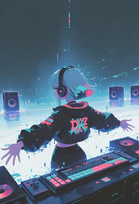 1girl, solo, headphone, jacket, avicii, high tension, music, nocopyrightsounds, dj, speaker, edm, dtm, keyboard,open arms, hands on keyboard, arched back, from above, from behind, dynamic wind,, (beautiful original illustration, dissolve, zentangle), blurry foreground, dynamic angle, (storm,glitch:1.2), looking at viewer,(pixel art, glitch noise, double exposure:1.4), dutch angle, BREAK stylish pose, fashion pose, soft lighting, BREAK perfect details, masterpiece, best quality, ultra-detailed, best illustration, high resolution, extremely detailed CG, unity 8k wallpaper, super detailed skin, perfect anatomy, detailed, cinematic lighting, dynamic lighting, light particles, abstract, beautiful detailed eyes, absurdres, very aesthetic, detailed background, depth of field