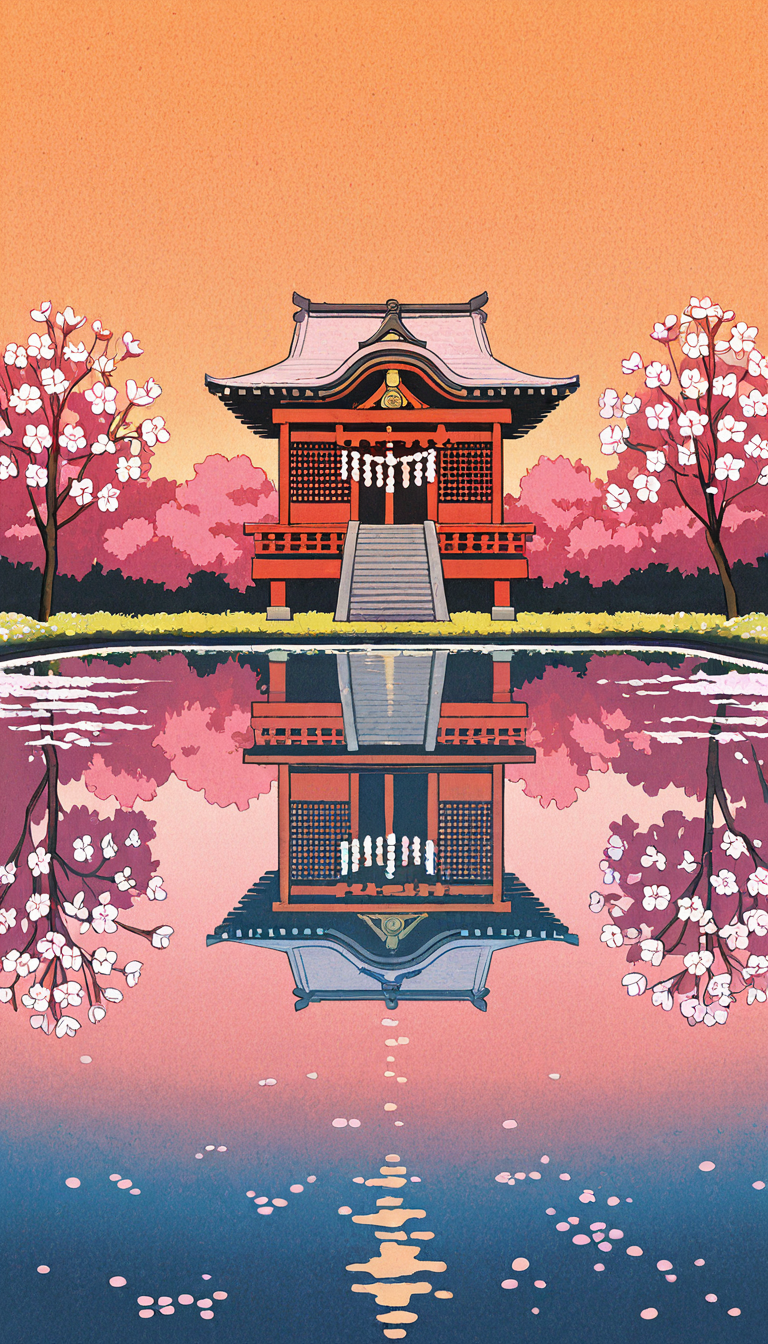 masterpiece,score_9,score_8_up,score_7_up,<lora:hiroshi_nagai_dataset01_v01:0.8>,hrng,scenery,album cover,wallpaper,painting,minimalist,film grain,60's,golden hour,Japanese temple,Sakura flowers,pond reflection,