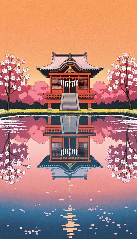 masterpiece,score_9,score_8_up,score_7_up,<lora:hiroshi_nagai_dataset01_v01:0.8>,hrng,scenery,album cover,wallpaper,painting,minimalist,film grain,60's,golden hour,Japanese temple,Sakura flowers,pond reflection,