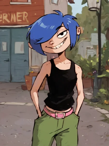<lora:MarieKPony1.0:0.6> mariek, blue hair, short hair, hair over one eye, 1girl, solo, female focus, smile, green pants,black tank top,outdoors,standing,pink belt, teeth, hands in pockets, looking at viewer, score_9, score_8_up, score_7_up, score_6_up