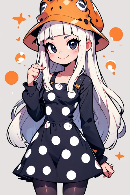 score_9, score_8_up, score_8, medium breasts, (curvy), cute, eyelashes, BREAK, , zzEruka, black eyes, white hair, blunt bangs, long hair, orange hat, polka dot dress, black dress, black sleeves, pantyhose, <lora:ErukaFrog_SoulEater_PDXL_v2:1.0>, , BREAK, smile, looking at viewer, cowboy shot, ,,, embedding:zPDXL, Expressiveh, ,,, <lora:CuteToonPDXL:0.8>, <lora:SDXLFaeTastic2400:0.5>, <lora:Expressive_H-000001:0.4>,