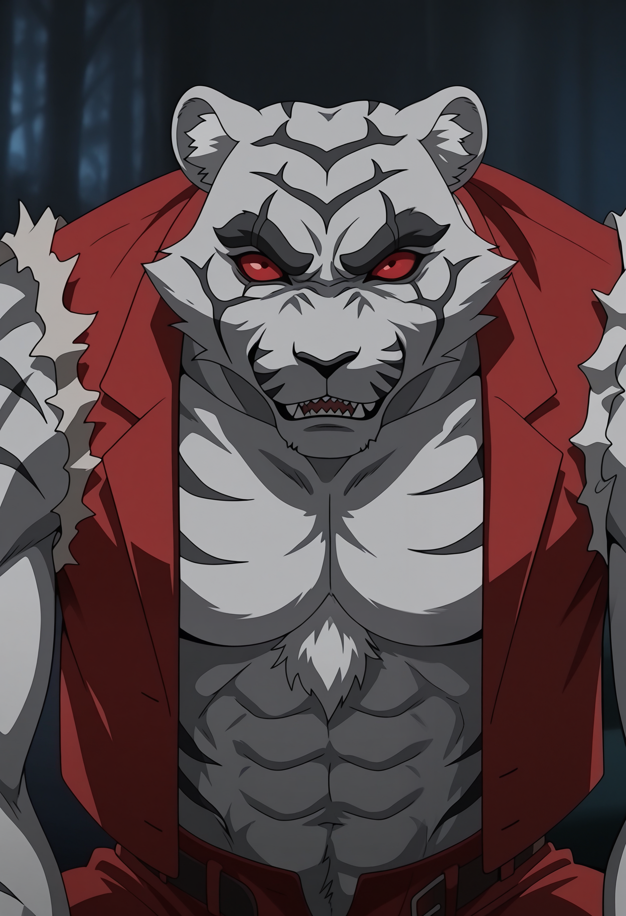 masterpiece,best quality,amazing quality, 1boy, solo, by4kk0, tiger boy, white fur, tiger stripes, colored sclera, no pupils, fur-trimmed open red vest, smirk,