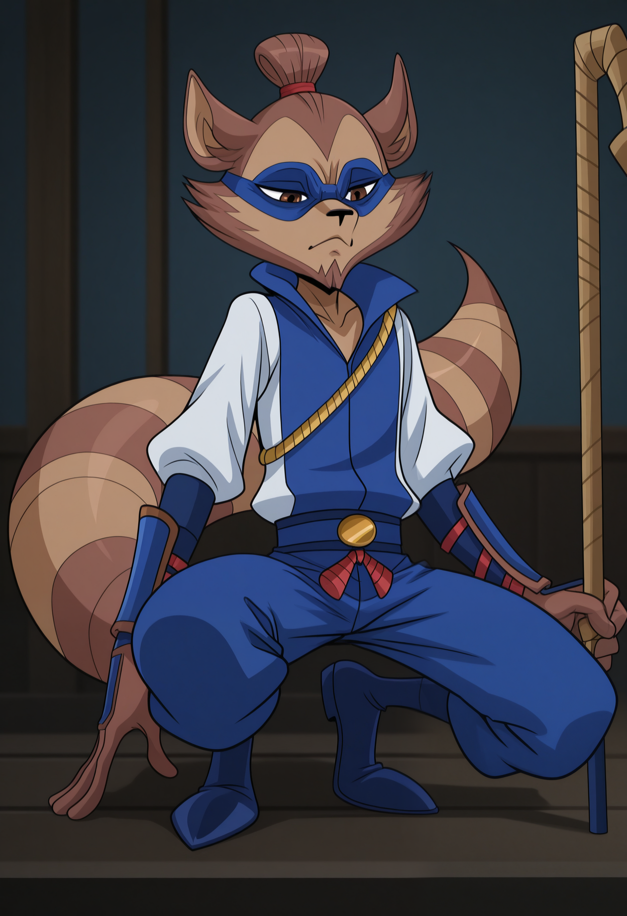 masterpiece,best quality,amazing quality, 1boy, solo, r10ch1, racoon boy, top knot, brown fur, brown eyes, blue eye mask, jumpsuit, blue pants, dark blue tight footwear, v1 belt, vambraces, rope chest strap, tail, riochi's cane,full body,