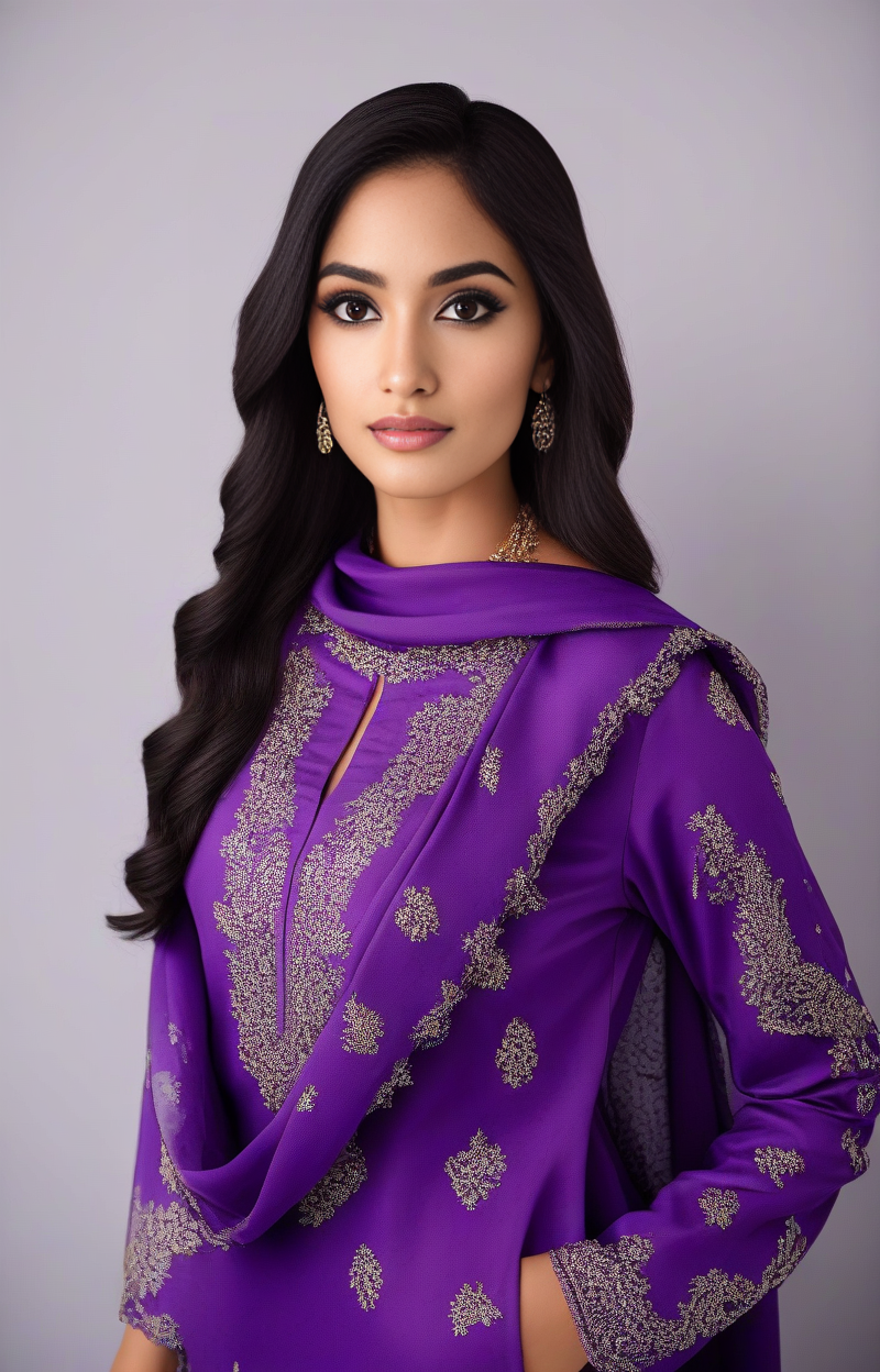 glamor photo of a 25_year old desimocha  woman, studio quality, in a purple pakistani dress, canon 5D, realistic skin texture, skindentation, flat white background, <lora:DesiCoffee_SDXL_20_LoRA:1> <lora:pakistanidress:0.7>