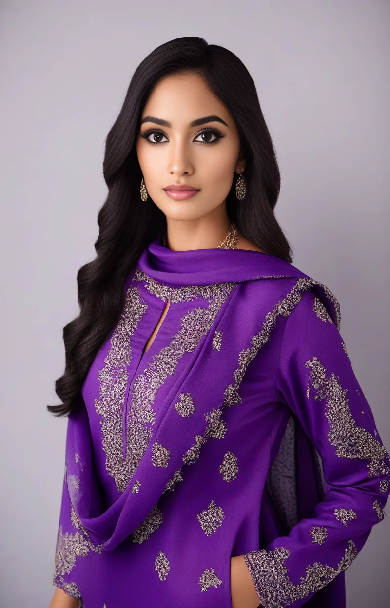 glamor photo of a 25_year old desimocha  woman, studio quality, in a purple pakistani dress, canon 5D, realistic skin texture, skindentation, flat white background, <lora:DesiCoffee_SDXL_20_LoRA:1> <lora:pakistanidress:0.7>