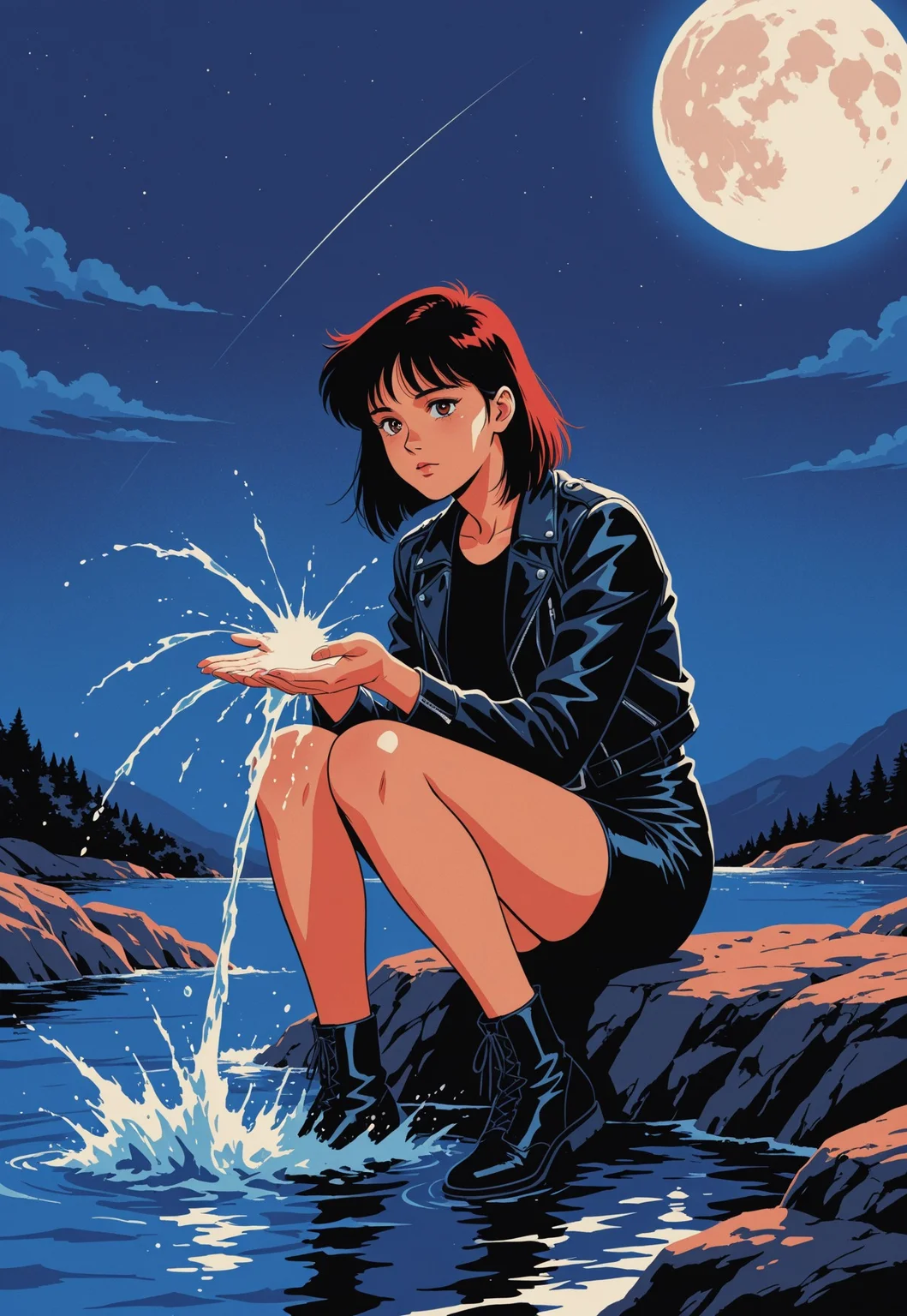 A dark-haired girl sits on river rocks under a glowing red full moon. Her expression is somber, with water splashing around her hands and knees. She wears a black leather jacket over dark clothing, lit dramatically by the red moonlight and cool blue tones of the river. The surrounding pines and mountains are silhouetted. Art style: moody neo-anime realism with strong color contrast and gothic undertones, inspired by nostalgic anime with grainy halftone texture, warm palette, and slice-of-life softness evocative of 80s/90s Japanese animation.