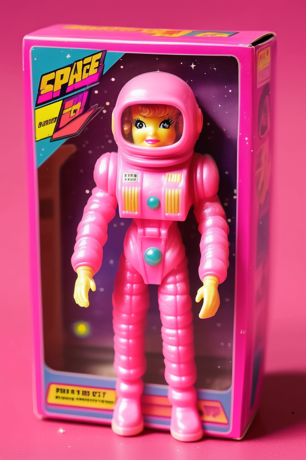 <lora:1987 Action Figure Playset Packaging:1>1987 Action Figure Playset Packaging - space packaging of a pink astronaut woman like dog action figure, 90s toy style box, box with plastic window and many space references