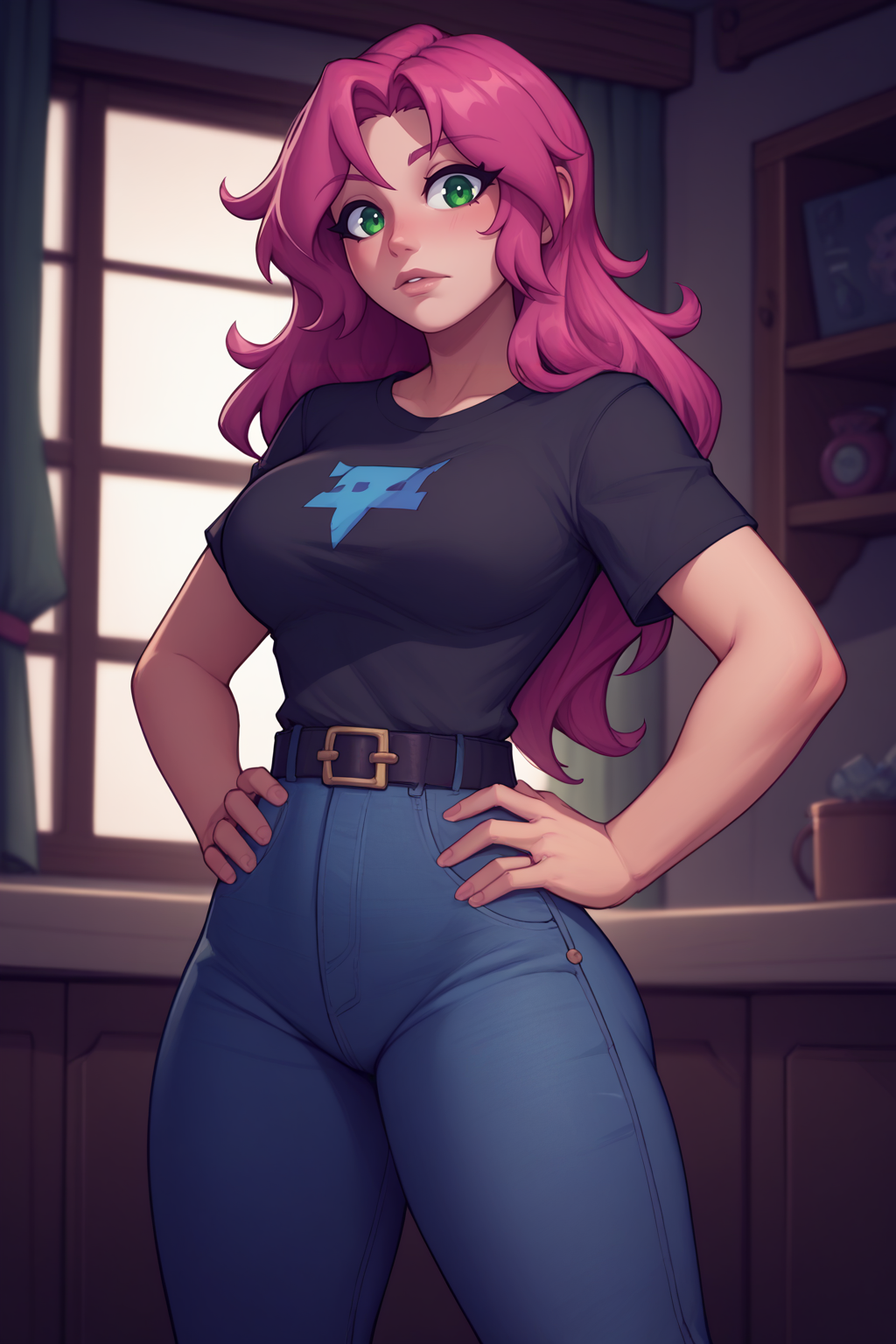 score_9, score_8_up, score_7_up, BREAK 1girl, solo, <lora:NSStylistTerraria:1> NSStylistTerraria, pink hair, long hair, green eyes, high-waist jeans, belt, black t-shirt, hands on hips, curvy