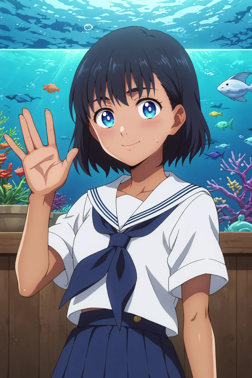 mio kofune,1girl,solo,short hair,school uniform,shirt,serafuku,dark skin,dark-skinned female,white shirt,closed mouth,skirt,white sailor collar,standing,,smile,upper body,looking at viewers,waving BREAK ruanyi1155,aquarium,indoors,underwater <lora:Mio_Kofune_-_Summer_Time_Rendering.safetensors:0.8> <lora:detailed_backgrounds_v2.safetensors:0.5> <lora:1155 aquarium_v1_pony.safetensors:1>