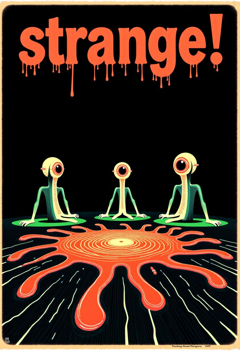 an anarchist poster depicting a group of strange little things sits in a dark room together discussing politics. Its written "strange!" across the poster