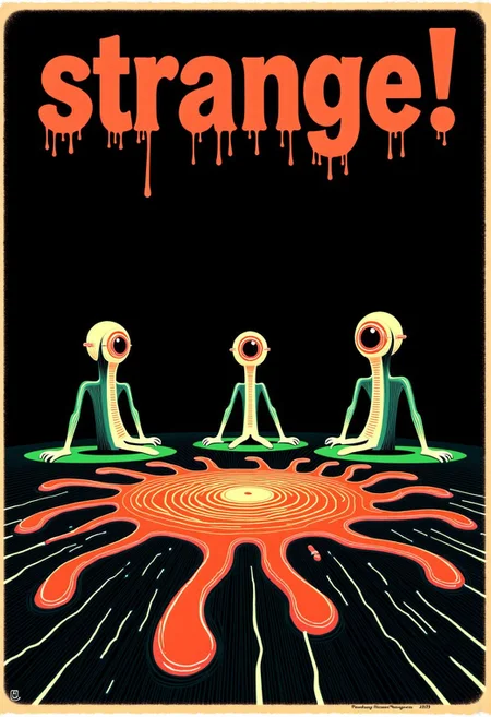 an anarchist poster depicting a group of strange little things sits in a dark room together discussing politics. Its written "strange!" across the poster