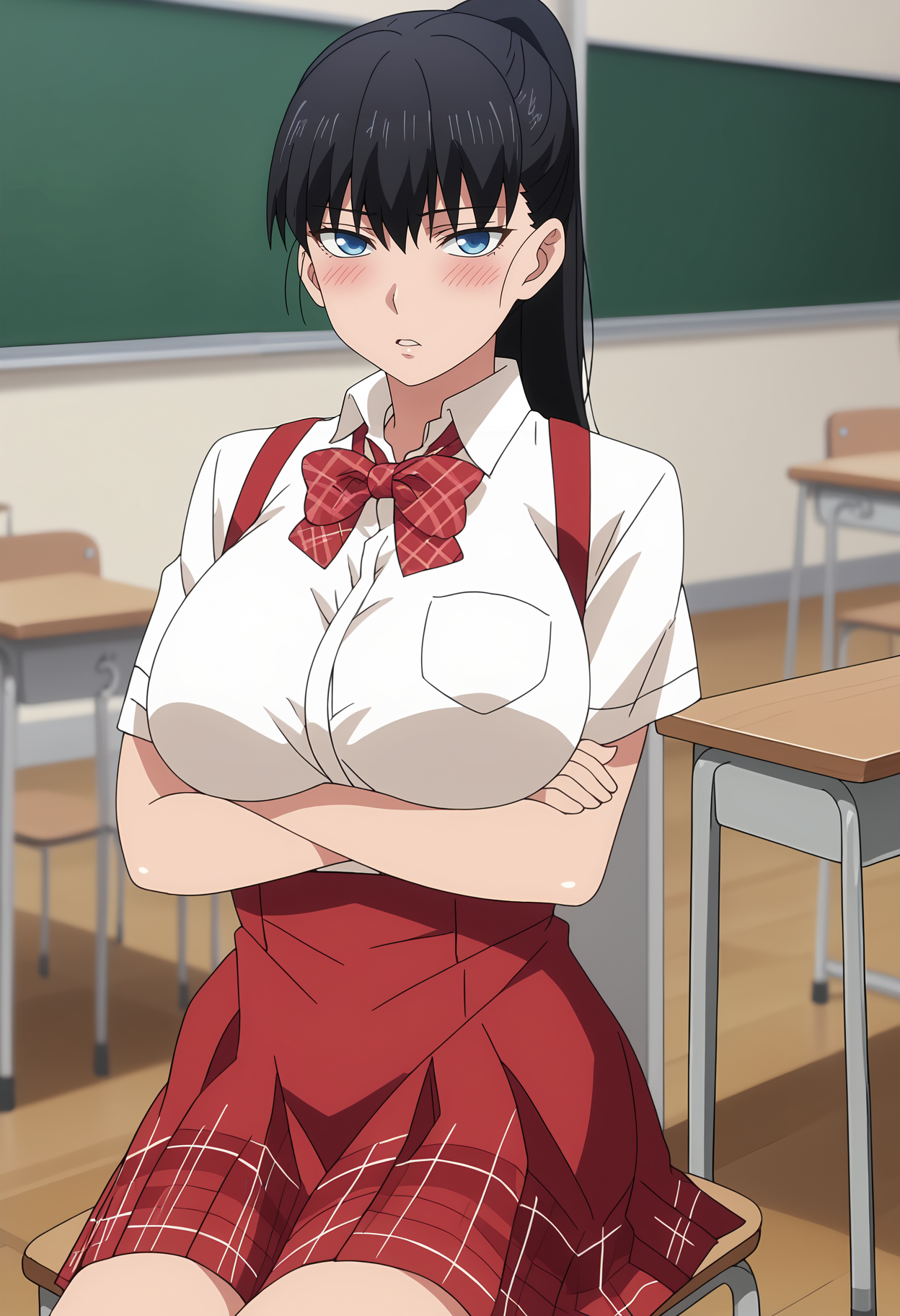 score_7_up, anime screencap,
<lora:ShuumatsuNoHarem_ToudouAkiraXL:0.9>,
1girl, solo, parted lips, blush,
ponytail, long hair, black hair, blue eyes,
ToudouAkira, collared shirt, white shirt, plaid bowtie, large breasts, short sleeves, suspenders, suspender skirt, high-waist skirt, red skirt,
crossed arms, sitting, looking at viewer,
classroom, blackboard, chair, indoors, blurry background