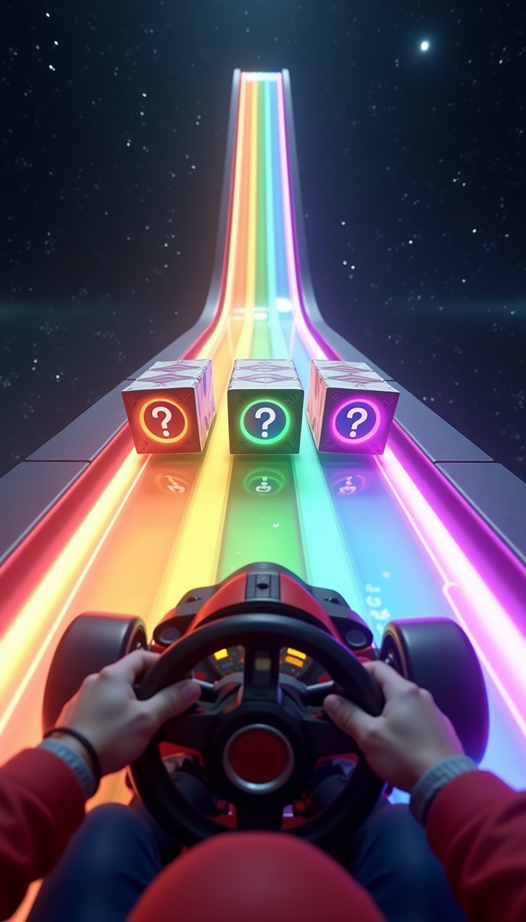 Photorealistic POV Photo of driving a go-kart on a translucent rainbow through outer space.
3 Rainbow cubes with question marks on the track. Endless space. Outer Space. Reflections. Mario Kart.
