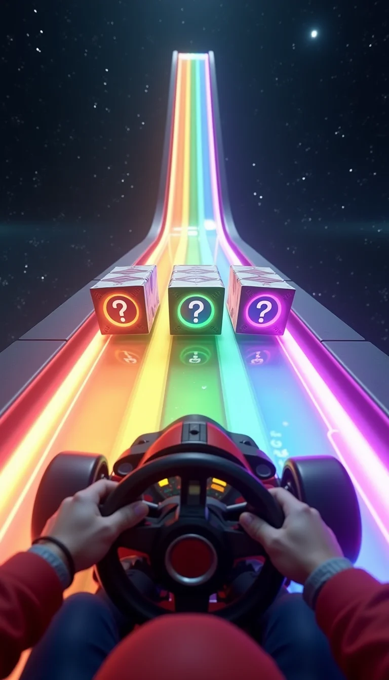 Photorealistic POV Photo of driving a go-kart on a translucent rainbow through outer space.
3 Rainbow cubes with question marks on the track. Endless space. Outer Space. Reflections. Mario Kart.
