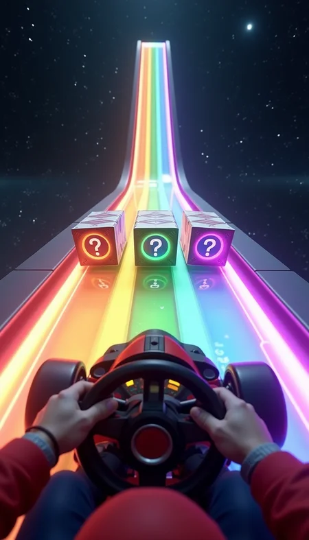 Photorealistic POV Photo of driving a go-kart on a translucent rainbow through outer space.
3 Rainbow cubes with question marks on the track. Endless space. Outer Space. Reflections. Mario Kart.

