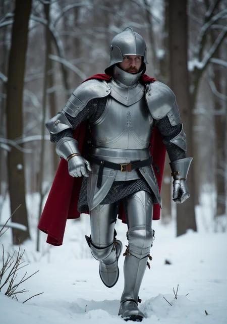 Historical Full Plate Armor, This photograph features a man dressed in elaborate, shiny silver armor, running in a snowy forest. The armor is medieval in style, complete with a helmet, shoulder guards, breastplate, gauntlets, and greaves, all reflecting the light, giving it a metallic sheen. The armor is adorned with intricate details, including a chainmail skirt and a red cloak draped over the shoulders and back, helmet visor closed, dramatic epic scene, mist and smoke, cinematic, dramatic lighting. dramatic epic scene, mist and smoke, cinematic, dramatic lighting, dramatic epic scene, mist and smoke, cinematic, dramatic lighting
<lora:Historical_Full_Plate_Armor-000007:0.8> <lora:FluxDFaeTasticDetails:0.6> <lora:detailed photorealism style v3:0.6>