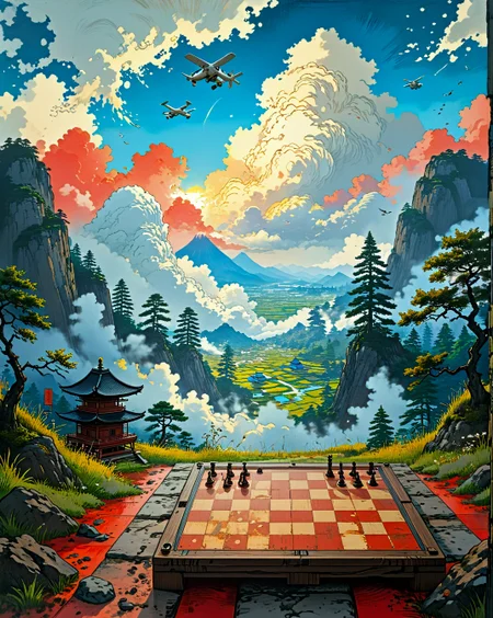 Utagawa Hiroshige: (ukiyo-e woodblock), (flat perspectives), (seasonal motifs), (vivid nature palettes),Solar protocol dusk syncing smart cities, Summer heat mirages showing temporal echo landscapes Giant's chessboard valley with marble pawns under Hardware rust storm oxidizing drone swarms conditions, illuminated by Neural dust illumination in brain-cloud interfaces,  beneath Cirrus uncinus homogenitus from climate engineering drones ,
<lora:extremely_detailed:0.65> extremely detailed,
<lora:Flux-XL_Scenery:0.45> flux-scenery, 
<lora:add-detail-xl:0.35>,
 <lora:DetailMaximizer:0.5>, 
<lora:MidjourneyV6.1:0.65> midjourneyv6.1,
 <lora:Dream Scenery XL:0.3> Dream Scenery,
 detailxl