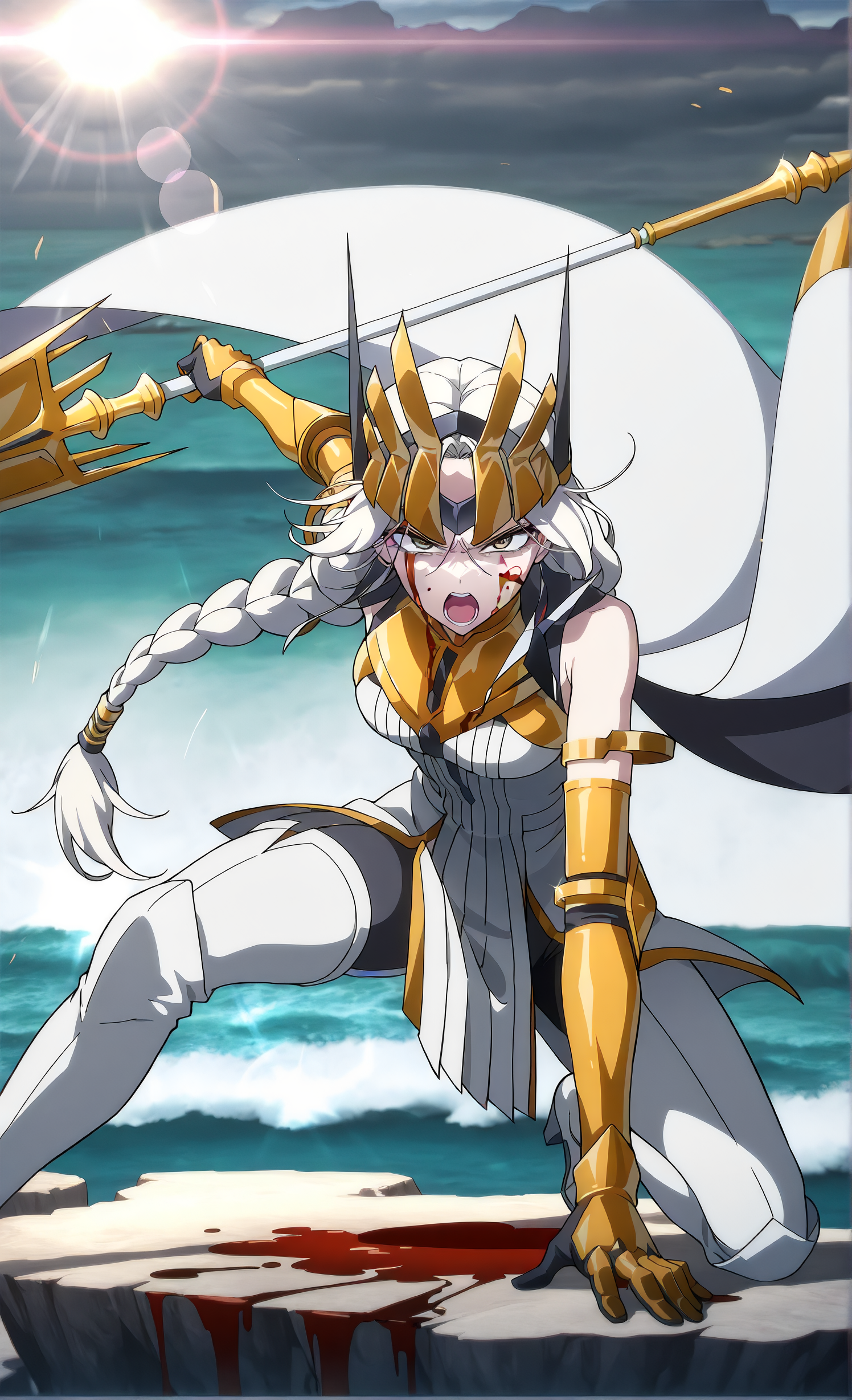 masterpiece, sharp detail, intricate detail, 1girl, <lora:To_be_hero_X_-_Queen:1> queen \(to be hero x\), blood on face, glaring, fighting stance, standing on cliff, ocean, holding, planted spear, open mouth, on one knee, wide shoot, lens flare,