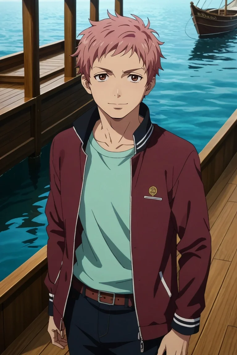 score_9, score_8_up, score_7_up, source_anime, rating_safe, intricate details, anime screencap, anime coloring, official style, looking at viewer, , 1boy, solo, male focus, <lora:renzou_shima_pony:0.74>, renzou_shima, pink hair, brown eyes, short hair, floating market, wooden boats, colorful awnings, rippling water, bargaining pose, cheerful expression, early morning, pants, scally cap, <lora:sdxl_lightning_8step_lora:1>