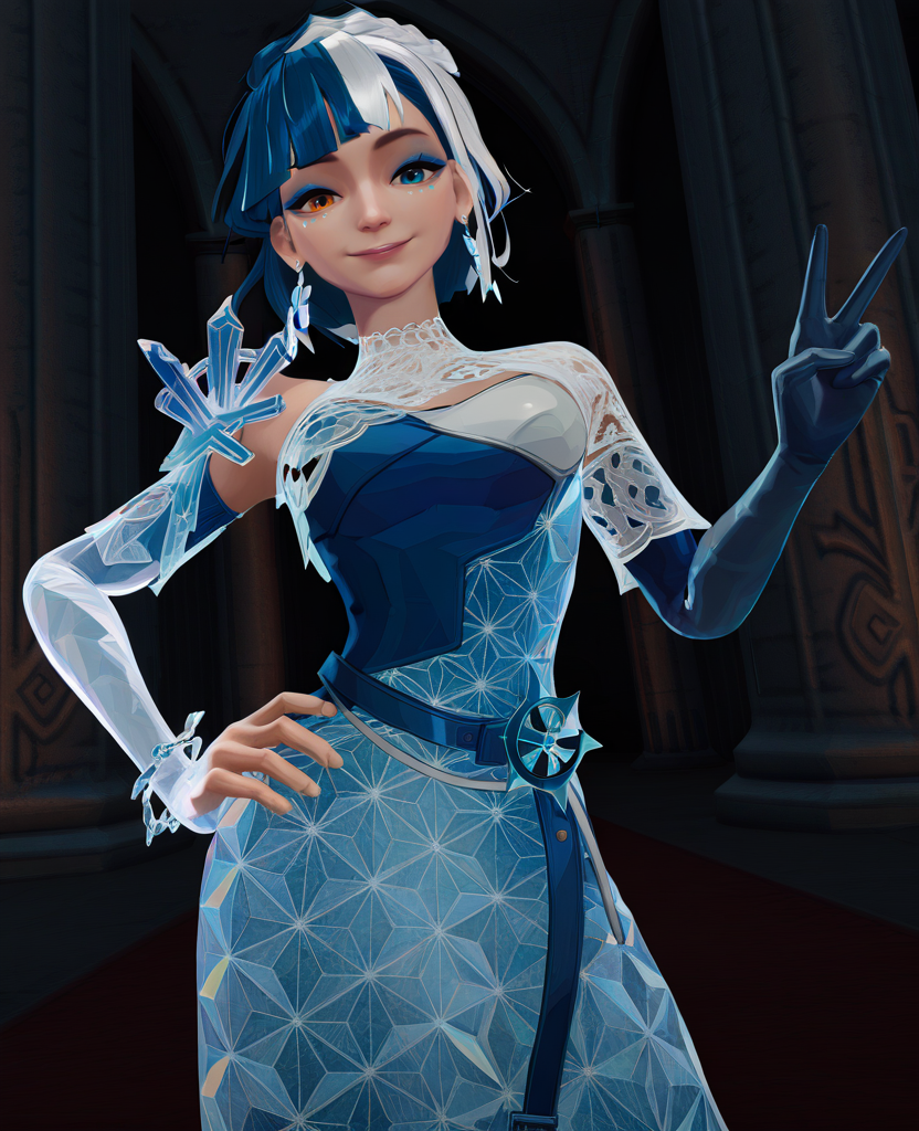 masterpiece, best quality, amazing quality, highres, absurdres, intricate detail, <lora:Luna_Snow_Shining_Star_ILLUS:0.8> , ls1, 1girl, short hair, multicolored hair, blue hair, white hair, dress, braid, belt, earrings, eyeshadow, facial mark, heterochromia, orange eyes, blue eyes, mismatched elbow gloves, single crystal glove, shoulder spikes, looking at viewer, smile, dynamic pose, leaning to the side, peace sign, hand on hip