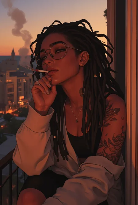 the woman has dreadlocked hair and is smoking a cigarette on the balcony, 1girl, cigarette, piercing, solo, jewelry, glasses, long hair, arm tattoo, smoking, tattoo, navel piercing, round eyewear, necklace, dark-skinned female, sitting, earrings, She puts a cigarette in her mouth as smoke rises from the cigarette and he notices the burning embers of the cigarette.