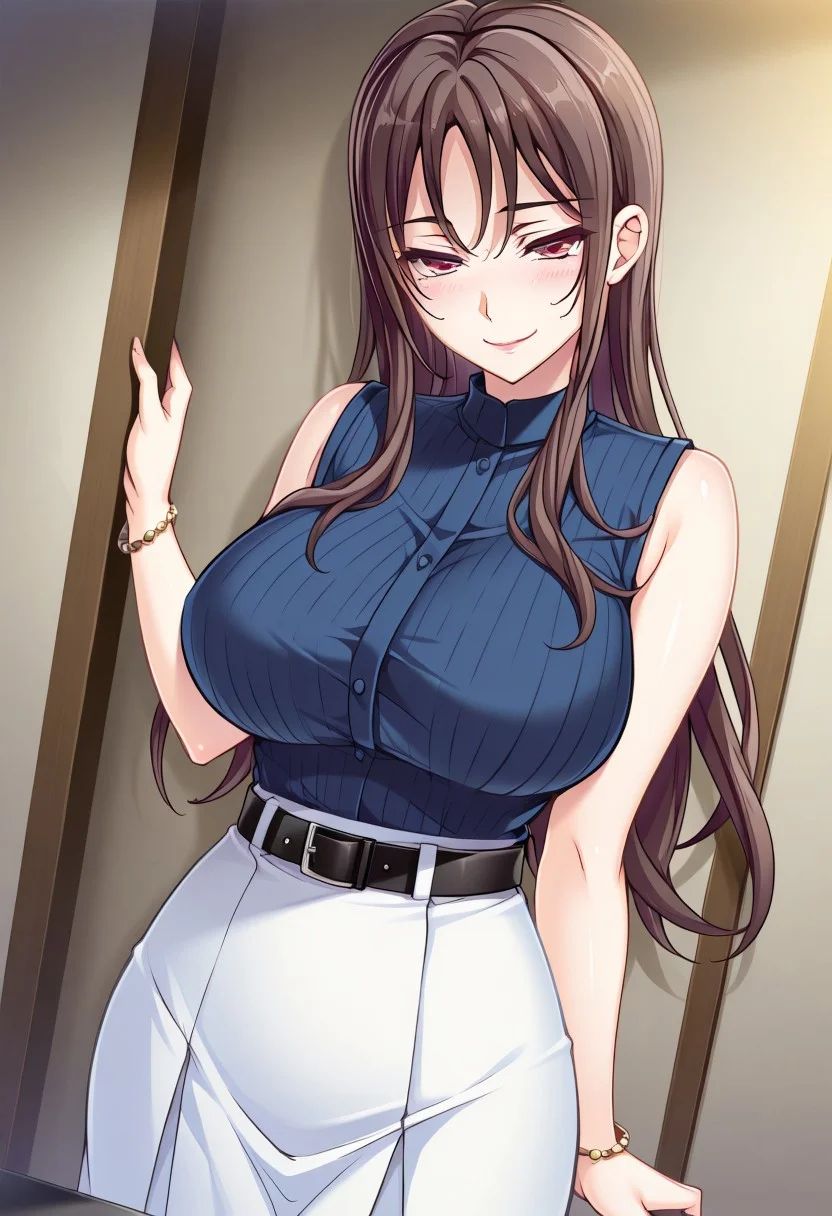 masterpiece, best quality, newest, highres, uncensored, 1girl, yokota mamoru style,1girl, slender face,motion lines,torogao,looking at the viewer,seductive smile,blush
1girl, skirt, long hair, solo, white skirt, brown hair, shirt, sleeveless, bracelet, sleeveless shirt, jewelry, very long hair, belt, breasts, holding, large breasts, red eyes, dutch angle, blue shirt, standing,Hanabishi Yurina,Brown Hair, Hair Parted in Middle, Sidehair, Waist Length Hair,Long Hair,Garnet Eyes,Big Breasts, Slim