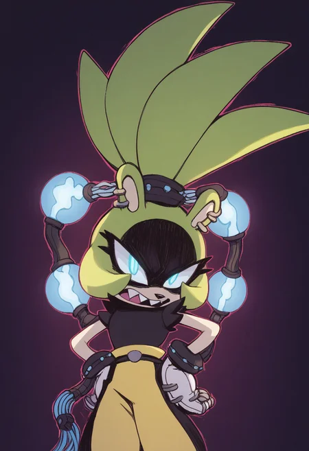 zPDXL, score_9, score_8_up, score_7_up, score_6_up, score_5_up, source_anime, 4k, absurdres, 1girl, solo,
open mouth, angry, sharp teeth, <lora:Surge_v1-3-15:0.8> surge the tenrec, aqua eyes, green fur, black fur, two-tone fur, black eyeshadow, white gloves, animal ears, posing sexy, cowboy shot, looking at viewer, standing, posing, sexy, Fixhand, glowing eyes, aura, electricity, dark background, ((dynamocage))